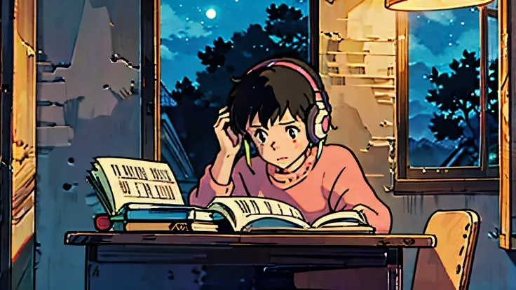 girl with headphones, studying, room, night neon lights