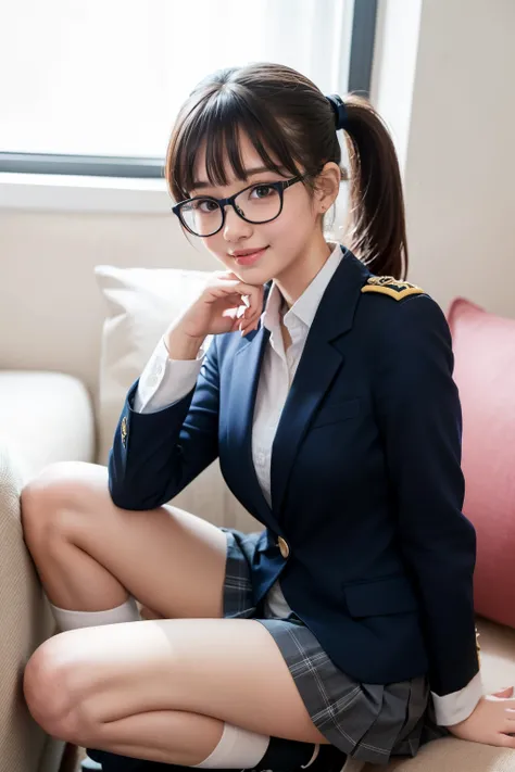 white background,  girl in uniform sitting with legs open on sofa,squatting, spread legs,high quality white panties,front angle,,look here with a smile,navy blue blazer,grey pleated mini skirt,Wear navy blue knee-high socks sneakers, beautiful feet,Element...