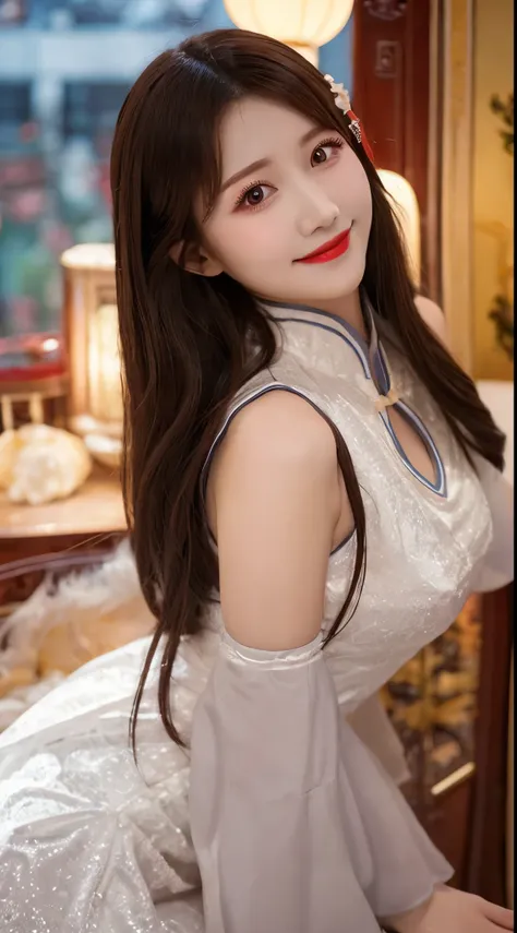    beautiful woman,     Chestnut hair    ,     beautiful eyes ,    Smile,  Actual , Full HD,    a very beautiful dress  ， Fluffy Dress  ， Curved Body，Magnificent views ， gorgeous decoration ，Long gown，中国发髻