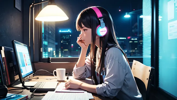 girl with headphones, studying, room, night neon lights