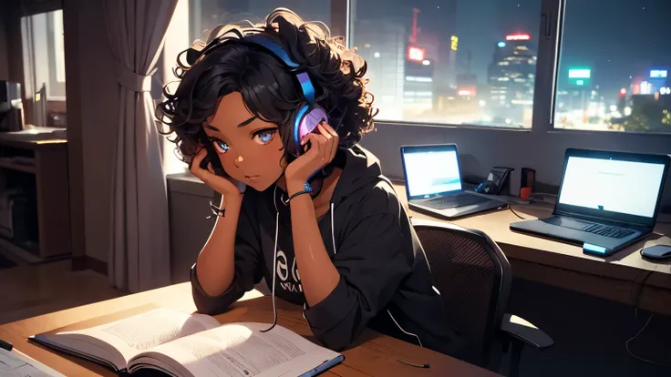 black skin girl, curly hair with headphones, studying, room, night neon lights