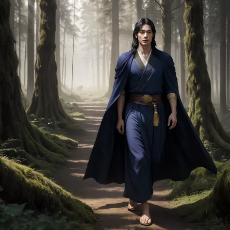 (masterpiece, best quality, ultra-detailed, hyper-realistic,   8k uhd, cinematic lighting, dramatic atmosphere,   fantasy realism  ),  
A young, small-statured male god from Japanese mythology, gracefully traveling through a mystical, ancient forest.  

🔹 ...