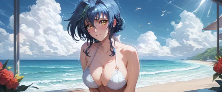 (best quality), (very aesthetic), (ultra-detailed), (best illustration),masterpiece, best quality, 1girl, looking at viewer, sexy , bikini, ((seascape:1.4)), sunlight, large breasts, yellow eyes, xenovia quarta, wavy hair, blue hair, beautiful detailed eye...