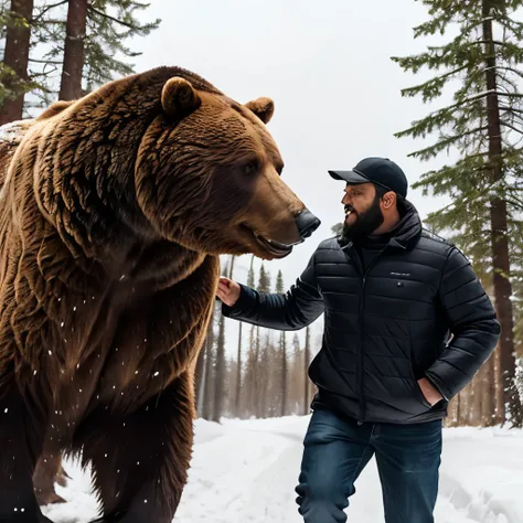 there is a large bear walking through the snow in the woods, grizzly, bear, half grizzly bear, brown bear, giant bear human hybrid, angry bear, 12k ursa, running from bear, half man half asian black bear, bears, by Aleksander Gierymski, half bear, menacing...