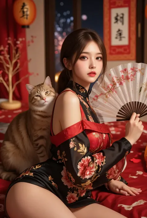 Cat ears、 face up, attractive, pretty girl, ponytail、 (( fine facial features , eroticism)), dramatic lighting , realistic , 8k, Dramatic Shadows , intricate and elaborate patterns , super detailed photo , chiaroscuro lighting , Pleasant colors , deep cont...
