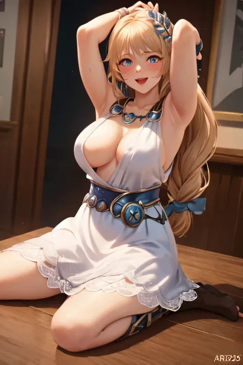 masterpiece, Highest quality, 1 girl, Alone, ((mature woman)), Round pupils, long hair, hair, princess, erotic dresses,  fantasy, happy, viewers after shaving armpit hair, cartoon, anime, (oil)