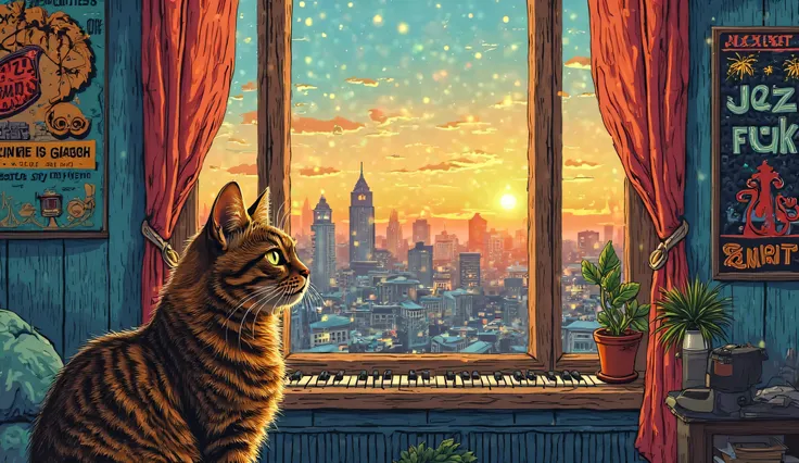 Digital illustration in a retro and style sketch of: A 70's-inspired Home Studio Music Room with a funky and bohemian vibe. Include posters bands on the walls and a cartel: "Jazz Funk”, a cat gazing out of a large window, and a cinematic view of the city o...