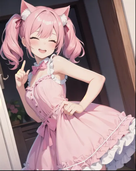 Best quality, high resolution, detailed, beautiful image quality, one girl, cute dress with frills, pink dress, pink hair, long twin tails, cat ears, lolicon feeling, smiling, white and pink room, facing forward, cute gestures, wink,