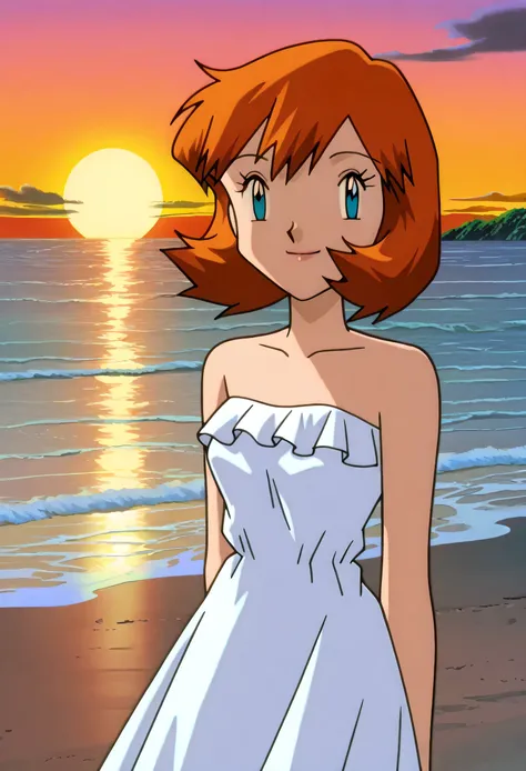 masterpiece, best quality, ict style, retro artstyle, smile, looking at viewer, highres, outdoors, small breasts, Misty, 1girl, solo, short hair, orange medium hair, blue eyes, bangs, eyelashes, strapless, bare shoulders, white ruffle off the shoulder maxi...