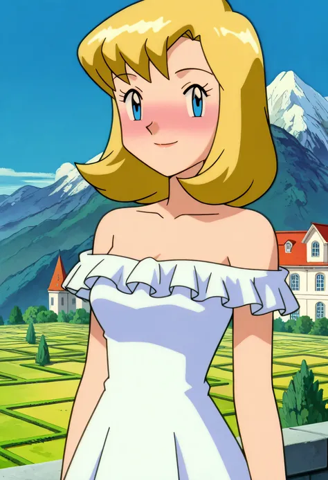 masterpiece, best quality, ict style, retro artstyle, smile, looking at viewer, highres, outdoors, small breasts, 1 girl, Solo, Blue Eyes, Beautiful Detail Eyes, Blonde Medium Hair, Short Hair, Bangs, arms at side, Smile, Blushing, Bare Neck, Bare Shoulder...