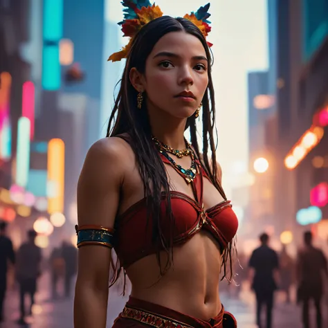 BRAZILIAN INDIGENOUS,Indigenous characteristics,dark brown eyes,tanned brown straight hair falling over the shoulders,She is wearing traditional indigenous fur-dress,top made of leaf,animal-Fur and bird-feathers,she is looking to up,His face conveys a sens...