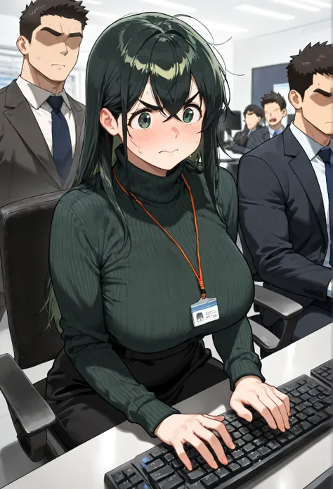 BREAK, 1girl, long hair, straight hair ,crossed bangs, (black hair), troubled eyebrows, (tareme:1.4), dark green eyes ,detailed, (large breasts), (dark green turtleneck sweater), (Black long skirt) ,Black stocking,orange string tag worn around the neck,flu...