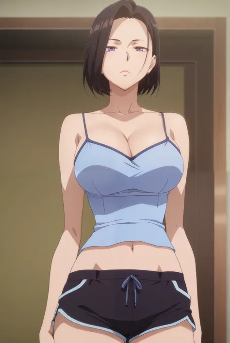 Masterpiece, best quality, source_anime, anime screencap, anime coloring, anime screencap, 1girl, mature female, short hair, black hair, brown hair, blue eyes, purple eyes, (forehead:0.8), blue camisole, cleavage, midriff, navel, black shorts, short shorts...