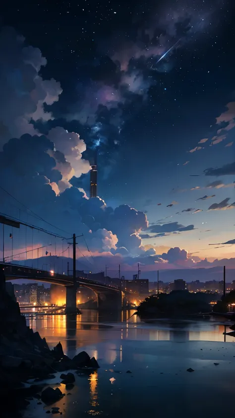  High Quality Masterpieces , landscape, An anime train that runs on the water on the railroad tracks, bright starry sky. Romantic Train, Pixiv, concept art, Lofi Art style, reflection. Shinkai Seisaku , Lofi Art, Beautiful Anime Scene, Anime Landscape,  de...