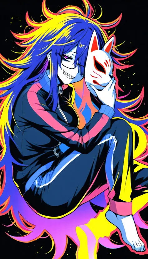  (limited palette:1.5), black background, colorful, (vibrant, glowing outline, neon hair, blacklight:1.2), looking at viewer, (side view:0.1), masterpiece, best quality, absurdres, very aesthetic, 1girl,solo,solo girl,long hair,dark purple hair, ((messy ha...