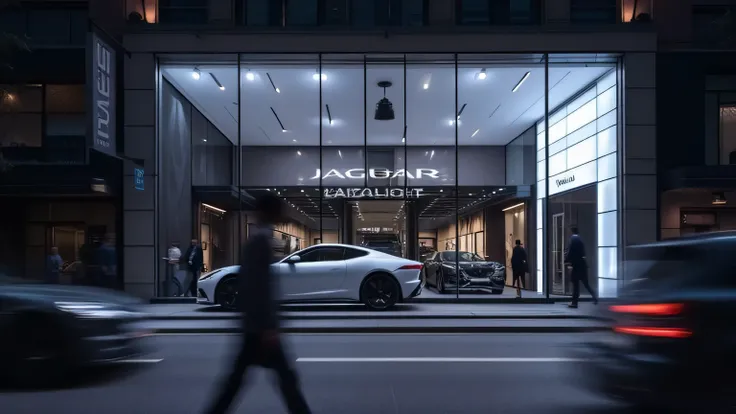 A breathtaking ultra-HD 8K cinematic image of a luxury showroom’s exterior at night, featuring large glass walls revealing the 2025 Jaguar GT displayed inside. The showroom’s futuristic lighting design casts a stunning glow, attracting attention from passe...