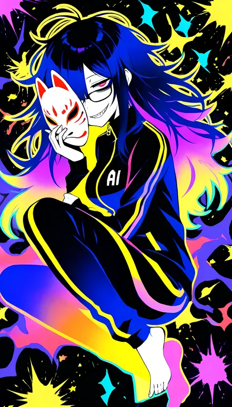  (limited palette:1.5), black background, colorful, (vibrant, glowing outline, neon hair, blacklight:1.2), looking at viewer, (side view:0.1), masterpiece, best quality, absurdres, very aesthetic, 1girl,solo,solo girl,long hair,dark purple hair, ((messy ha...