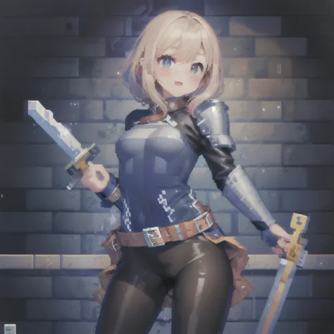 ((pixel art, 1pixel of this image is drawn using * pixels):1.5), female fighter, (leather:1.5) leather armor, shame, blush, orgasm, (dark pantyhose with pubic hair), sword, high boots, grabbing small breast, 