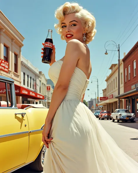 Marilyn Monroe in a white dress, vector illustration, an elegant pose and an attractive expression on her face, holding an opened Coca-Cola glass bottle, red high heel, beautiful body, look back with bare back dress, with pastel colors, high level of detai...