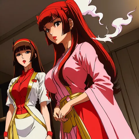 anime girl in red and white costume smoking cigarettes, bewitching anime girls, inspired by Torii Kiyonobu I, Japanese goddesses, beautiful and attractive anime woman,  Shiranuhi Mai , Anime Goddess, yoko matsugane as  Shiranuhi Mai ,  Nishikawa Sukenobu  ...