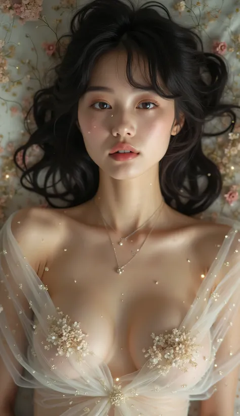 Portrait of a beautiful young Japanese woman、One Girl、18-year-old、alone、(The whole body is projected)、(She wraps her naked body in see-through organza:1.2)、(Shooting from above:1.2)、(Lie down)、(Sensual World)、Beautiful and sexy、Embarrassed face、Ecstatic ex...