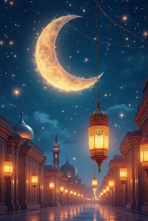 "A magical image of a Ramadan night sky filled with twinkling stars, featuring a large glowing crescent moon and a giant Ramadan lantern illuminated in gold, red, and blue, floating in the air with a magical touch. In the background, traditional Arabic bui...