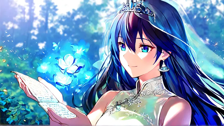 
Masterpiece, Best Quality, Top Quality, Very Detailed, A beautiful young woman with long, flowing midnight-blue hair stands in a sunlit garden filled with glowing blue flowers. Her soft, pale skin is illuminated by dappled sunlight filtering through the t...