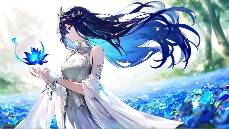 
Masterpiece, Best Quality, Top Quality, Very Detailed, A beautiful young woman with long, flowing midnight-blue hair stands in a sunlit garden filled with glowing blue flowers. Her soft, pale skin is illuminated by dappled sunlight filtering through the t...