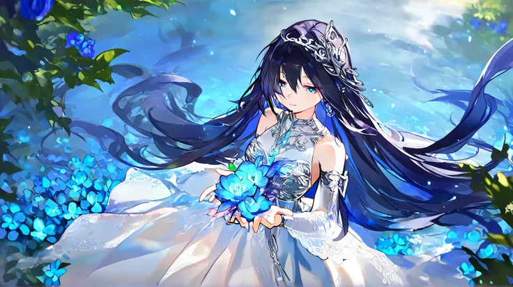 
Masterpiece, Best Quality, Top Quality, Very Detailed, A beautiful young woman with long, flowing midnight-blue hair stands in a sunlit garden filled with glowing blue flowers. Her soft, pale skin is illuminated by dappled sunlight filtering through the t...