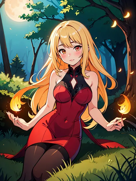 (masterpiece, best quality), 1girl, blonde hair, red dress, pantyhose, cute face, blush, fantasy landscape, detailed forest, glowing moon, fireflies, mystical atmosphere, cinematic lighting, digital painting, vibrant colors, photorealistic