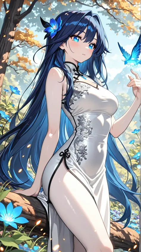 
Masterpiece, Best Quality, Top Quality, Very Detailed, A beautiful young woman with long, flowing midnight-blue hair stands in a sunlit garden filled with glowing blue flowers. Her soft, pale skin is illuminated by dappled sunlight filtering through the t...