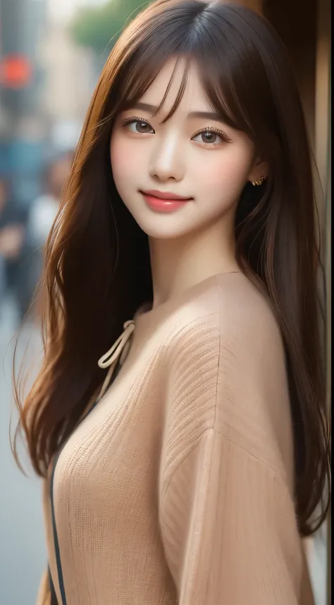 ((Highest quality, 8k, masterpiece :1.3)), 1 girl, smile, full body, slim face, pretty woman, (dark brown hair), Long Dress :1.1, super detailed face, detailed eyes,  double eyelids,  blur the background, slim face, city, outside, street,