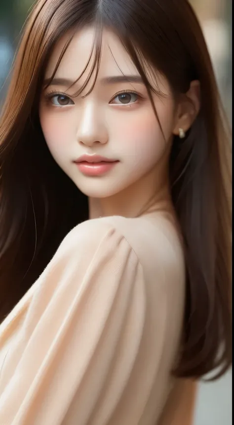 ((Highest quality, 8k, masterpiece :1.3)), 1 girl, smile, full body, slim face, pretty woman, (dark brown hair), Long Dress :1.1, super detailed face, detailed eyes,  double eyelids,  blur the background, slim face, city, outside, street,