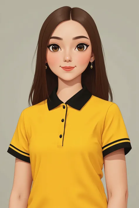 europian woman, standing and proud of himself, confident pose, beautiful face, yellow polo t-shirt black sleeves black short sleeves black collar, 1 girl, Solo, High Quality, smile girl, black collars on t-shirt, empty neck, clear neck, bare neck, with a w...