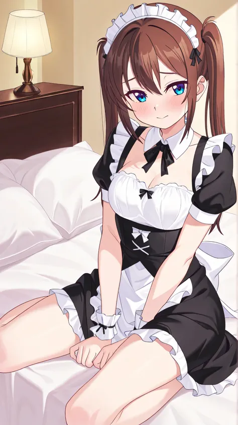 Masterpiece, Best Quality, Top Quality, Very Detailed, Anime-style illustration of a shy yet elegant girl with long brown hair tied in twin tails, wearing a detailed black and white maid outfit with frilly accents. She sits on a luxurious bed in a warmly l...