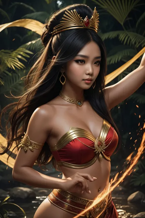 create a hyper realistic photo a beautiful tanned indonesian woman as a hero in dynasty kingdom of majapahit, wearing small gold neklace like a queen, wearing red kemben ,long black hair with bun, doing floating meditation, energy bursts from around of her...