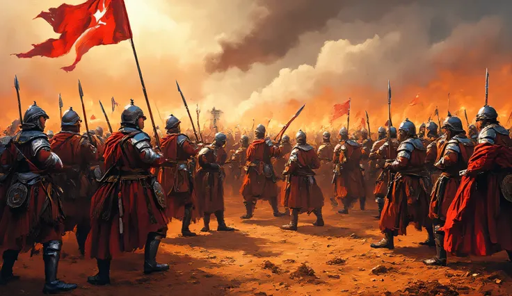 An oiled painting depicts 16th-century Ottoman army vs Holy Roman Empire army, war, fire, cannon, battle