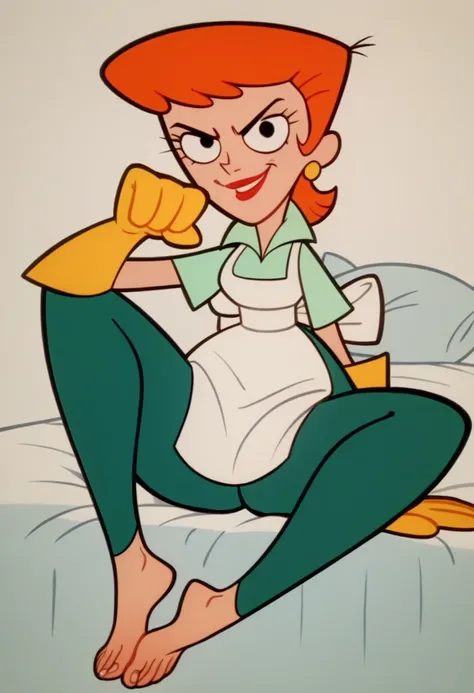 zPDXL2, dextersmom, woman, black eyes, aqua shirt, green pants, rubber gloves, short orange hair, earrings, wide hips, apron, lipstick, feet, looking at viewer, serious, smiling, sitting, on bed, spreading legs, inside cozy bedroom,
