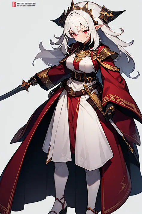 (((Best Quality))) , ((full body)), adult female, high fantasy outfit, reference sheet, solo, (white background), holding weapon, belt,  white, maroon,
