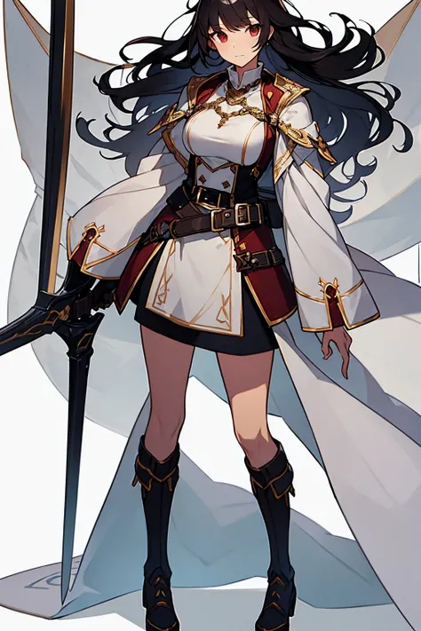 (((Best Quality))) , ((full body)), adult female, high fantasy outfit, reference sheet, solo, (white background), holding weapon, belt,  white, maroon,
