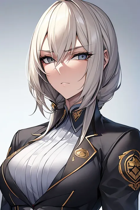 A highly detailed portrait of a tall, slender Russian woman with short platinum blonde hair and piercing gray eyes. She is wearing a sleek black and gray corporate uniform tailored to her frame, adorned with subtle red embroidery on the collar and the logo...