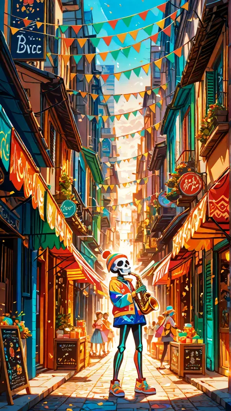 *Subject:**
    * A cartoon-style skeleton with exaggerated features.
    * Playing a saxophone with intense passion and energy.
    * Rendered in bright, eye-catching colors.
* **Setting:**
    * A lively city street, reminiscent of a Spanish or African m...