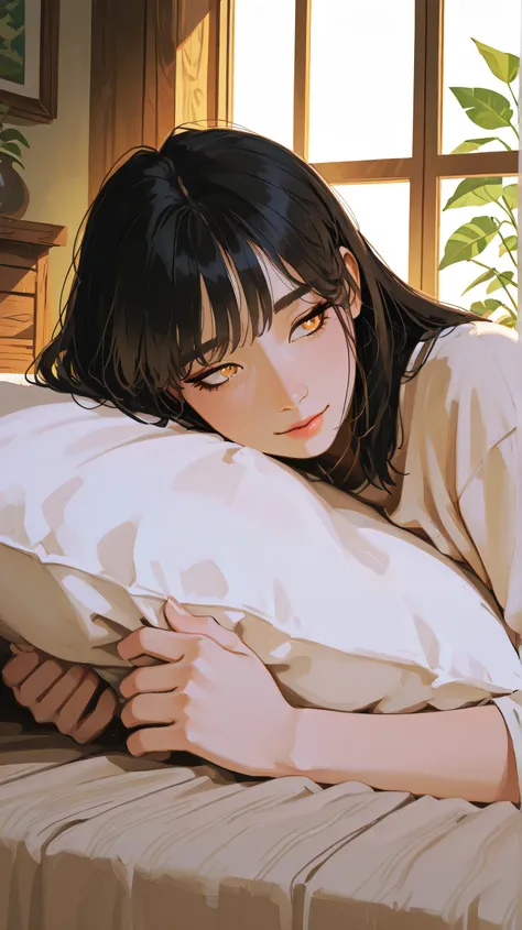 Masterpiece, Best Quality, Top Quality, Very Detailed, Anime-style illustration of a beautiful young woman with long, dark hair and golden eyes, resembling a mystical or supernatural being. She is lying on a soft pillow, bathed in warm golden sunlight stre...