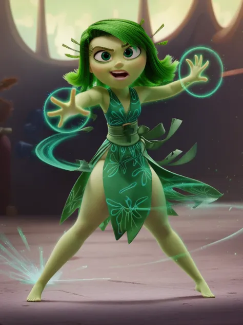 di_st, 1girl, green hair, green eyes,  mage, magic, epic pose, score_9, score_8_up, score_7_up,