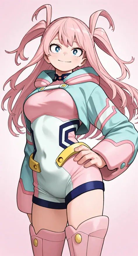 Pastel colors hero suit, cropped hoodie, short jacket, My Hero Academia style, Kohei Horikoshi, two side up, long hair, pink effects, pink hair, blue eyes 