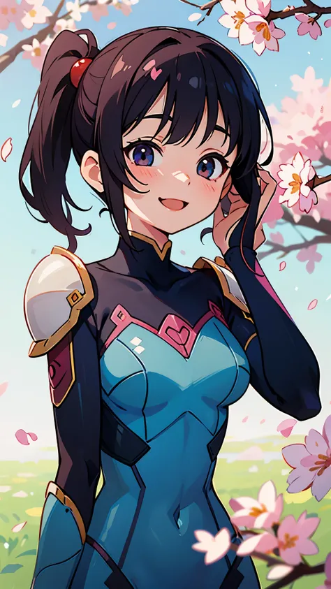 one girl、 anime style painting、Dark blue black hair、side ponytail、smile、Laugh together、upper body close-up、armor、bodysuit、perfect fit for the skin、perfect lighting、Park with cherry blossoms、background blur、Write boundary depth