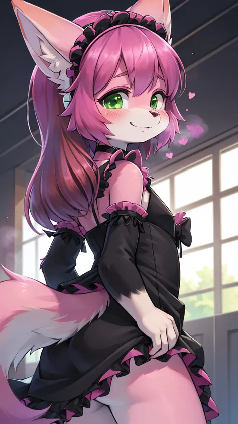 best quality,best resolution,(fluffy anthro furry :1.6),(young girl : 1.8),fox girl,(flat chest),(magenta hair :1.6),(very long hair),(green eyes),round moist eye,glistering eyes,sparkle eyes,(pink fur :1.6),(black straplless ruffles frilled dress :1.6),(b...