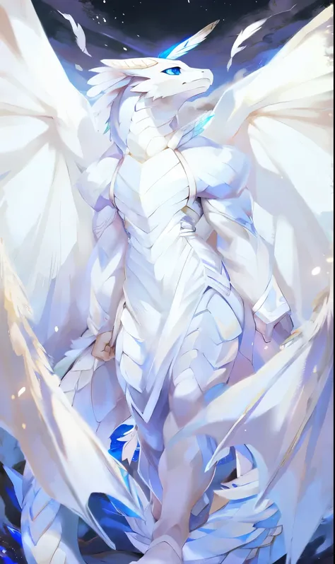 ((( Dragon))), man, (( Fluffy )), ((White Miko Dress)), (by honeycalamari), ((detailed description)), ((special designation)), ((perfect line)), ((perfect eyes)), ((GORGEOUS AND FORMIDABLE FACE)), (( sky background)), (Beautiful hands), (Perfect hands), (B...