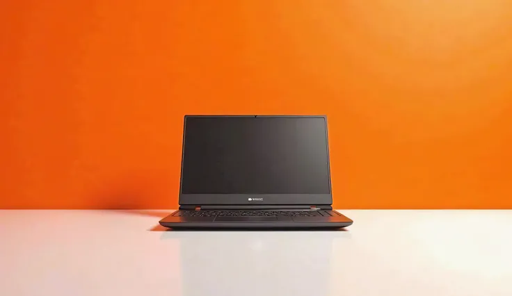 Gaming laptop front look on white table and orange background