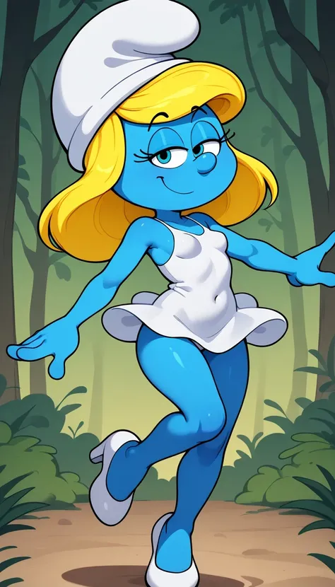 smurfette, moxette, brainy_smurf, white hat, blue skin, blonde, small breasts, looking at viewer, dynamic pose, cute, solo, forest background, sexy body, seductive face, smile, small girl, white dress, small Breasts, 